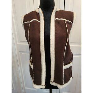 Carolyn Taylor Chocolate Brown Faux Suede Sherpa Sweater Vest M Boho Apres Ski